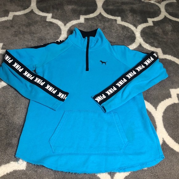 PINK Victorias Secret Sweatshirt Women Small Blue Oversized Quarter Zip Pullover - Picture 1 of 10